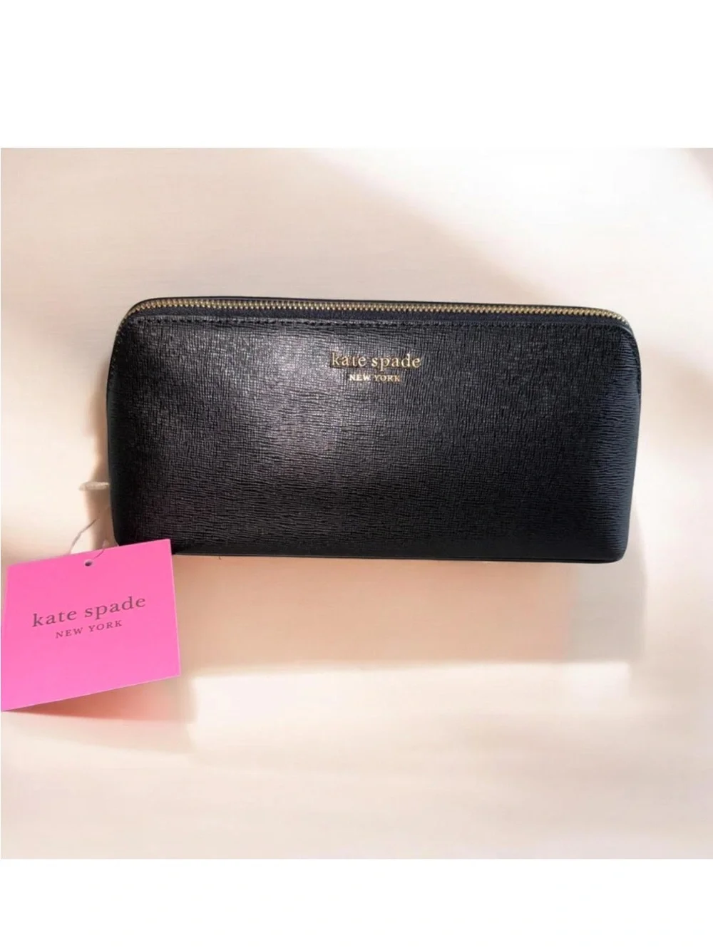 NWT ~ Kate Spade Black Leather Zip Clutch/Cosmetic Bag with Gold Logo